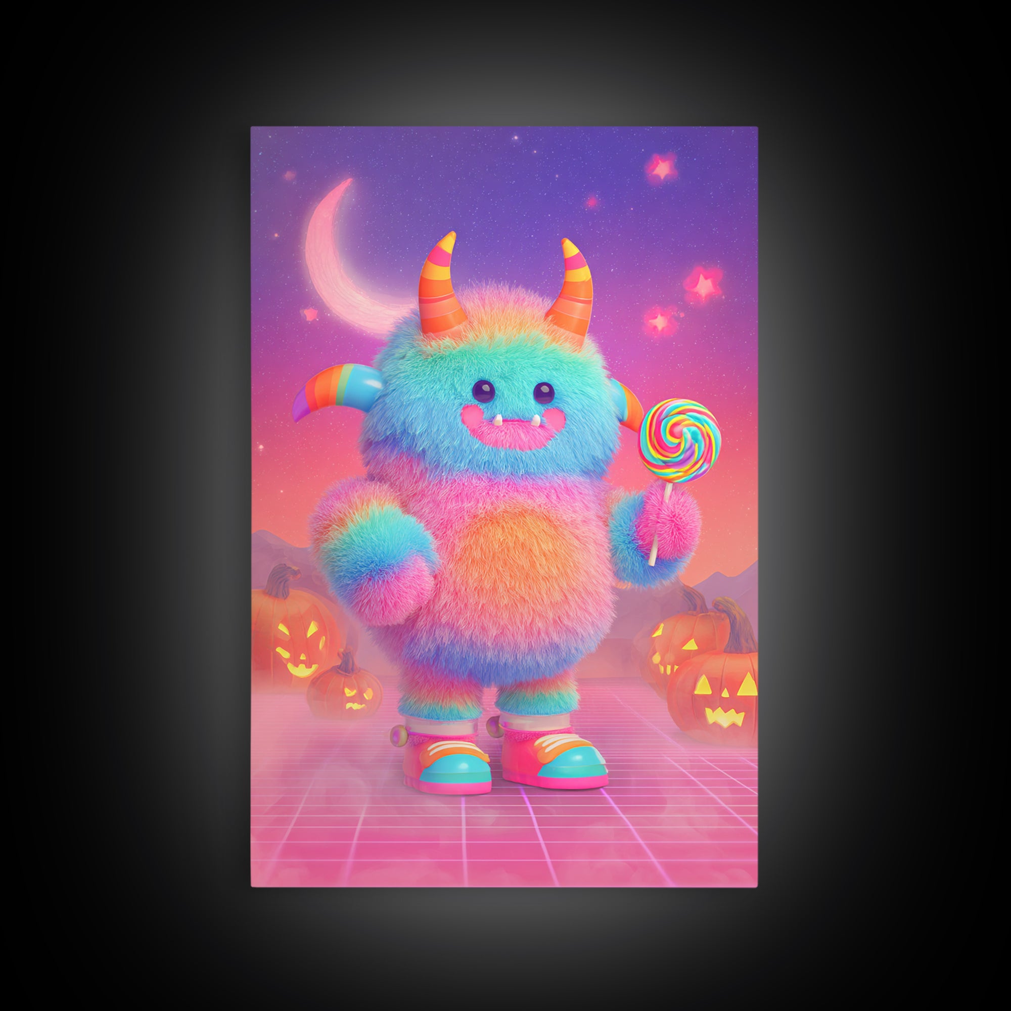 The Rainbow Monster, Vaporwave Halloween Decor, Vertical Wall Art, Canvas Print, Retro Halloween Decor, Neon Wall Art, Dark Fantasy Art