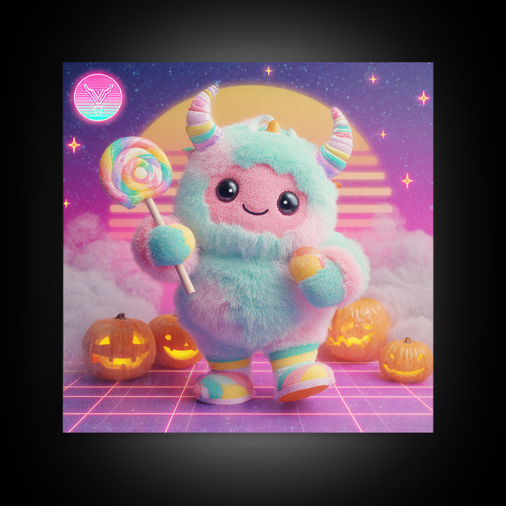 The Rainbow Monster, Synthwave Halloween Art, Square Wall Art, Canvas Print, Retro Halloween Decor, Neon Wall Art, Collectible Wall Decor