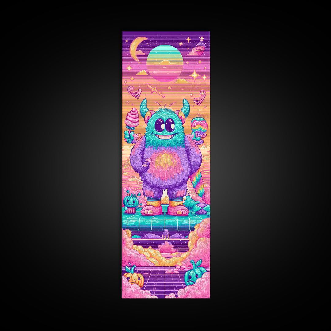 The Rainbow Monster, Synthwave Halloween Art, Tall Narrow Wall Art, Canvas Print, Retro Halloween Decor, Neon Wall Art, Horror Wall Art