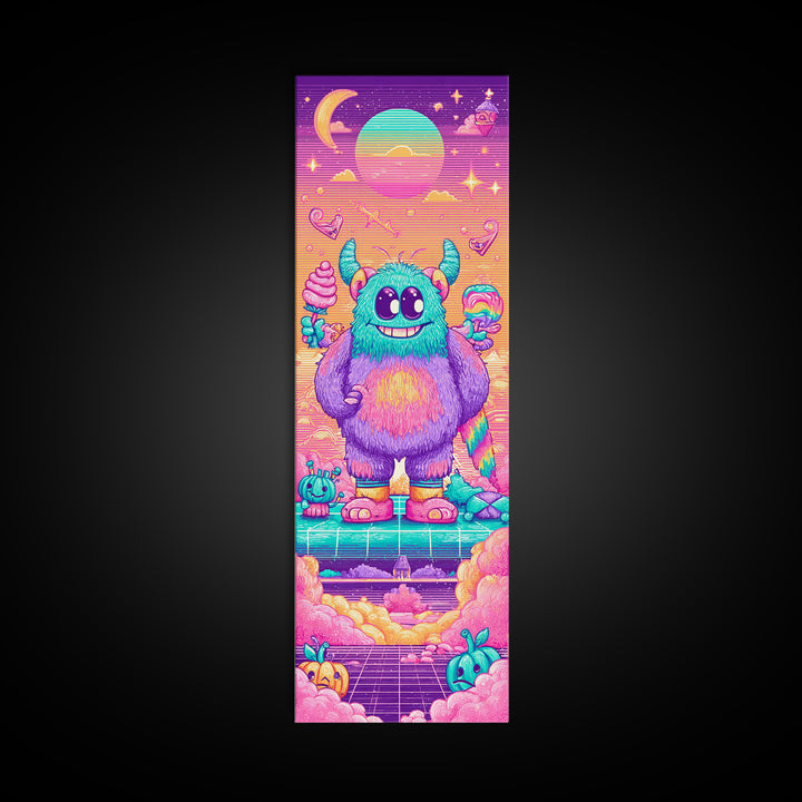 The Rainbow Monster, Synthwave Halloween Art, Tall Narrow Wall Art, Canvas Print, Retro Halloween Decor, Neon Wall Art, Horror Wall Art