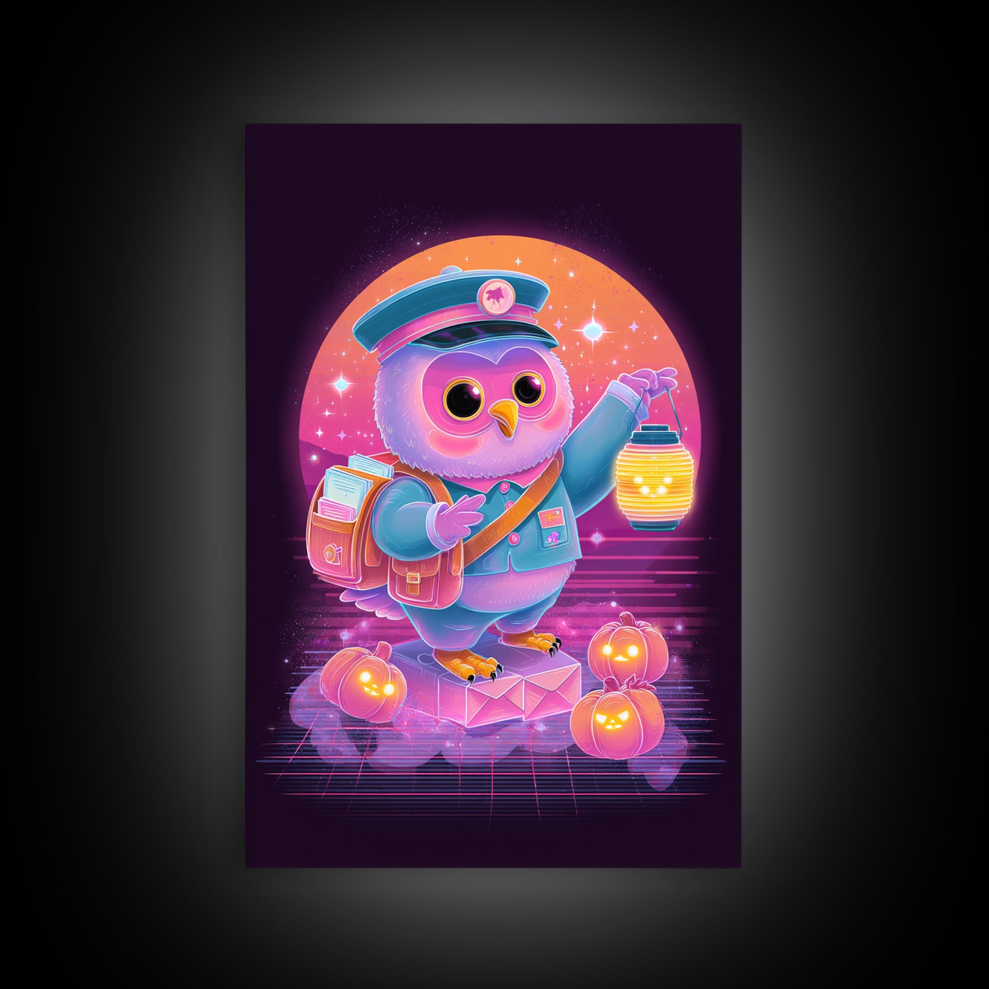The Owl Postmaster, Cute Spooky Neon Art, Vertical Wall Art, Framed Canvas Print, Retro Halloween Decor, Neon Wall Art, Halloween Wall Art