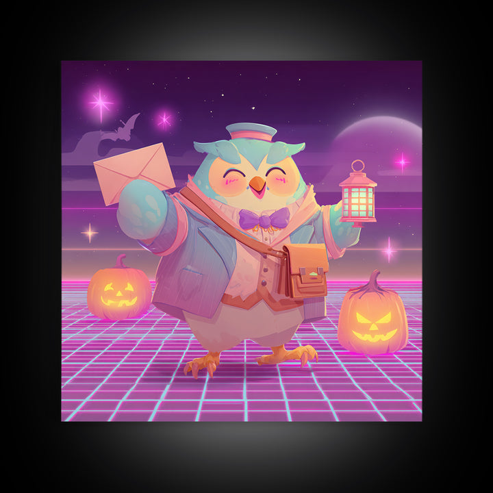 The Owl Postmaster, Retro Neon Halloween Art, Square Wall Art, Framed Canvas Print, Retro Halloween Decor, Neon Wall Art, Halloween Wall Art