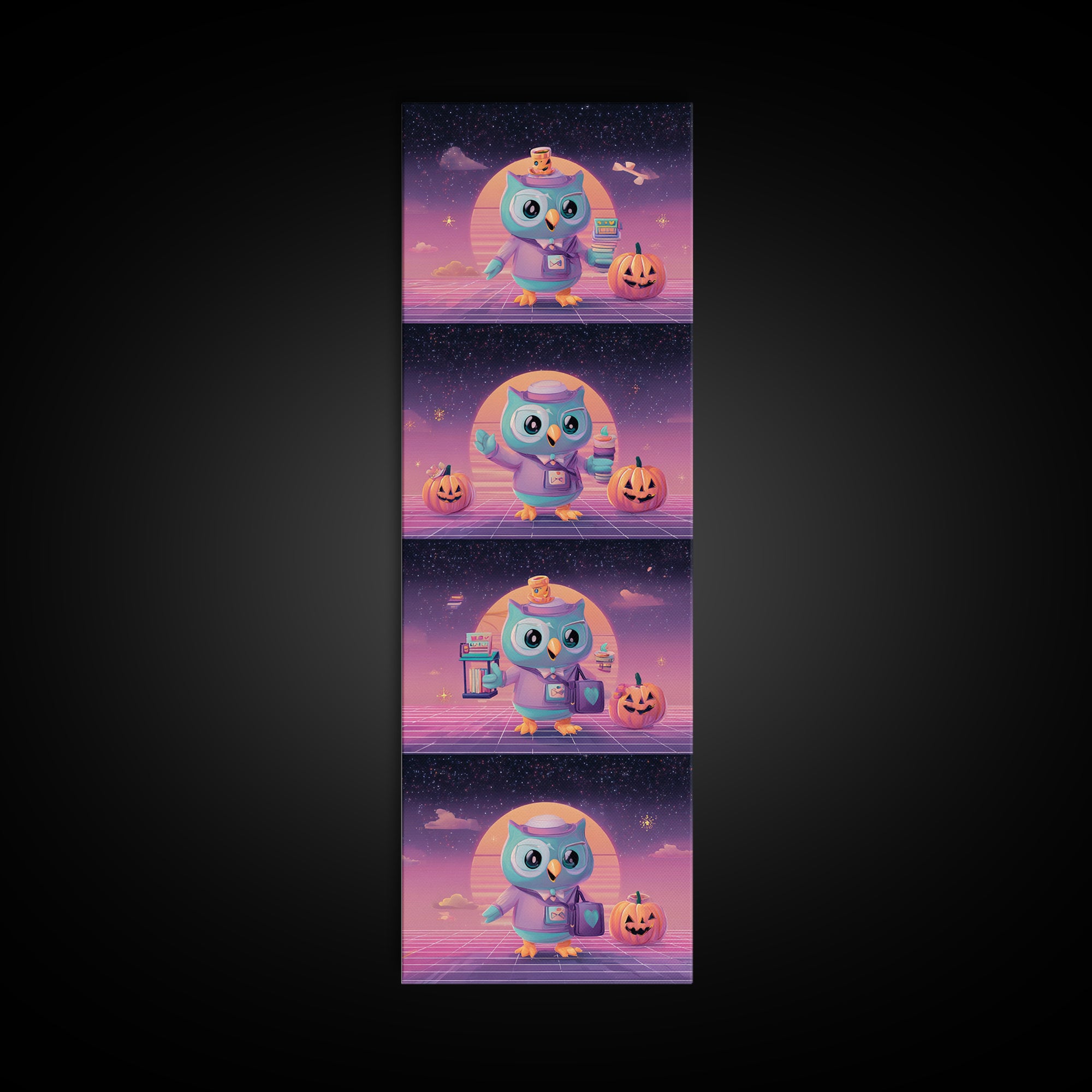 The Owl Postmaster, Vaporwave Halloween Decor, Tall Narrow Wall Art, Framed Canvas Print, Retro Halloween Decor, Neon Wall Art