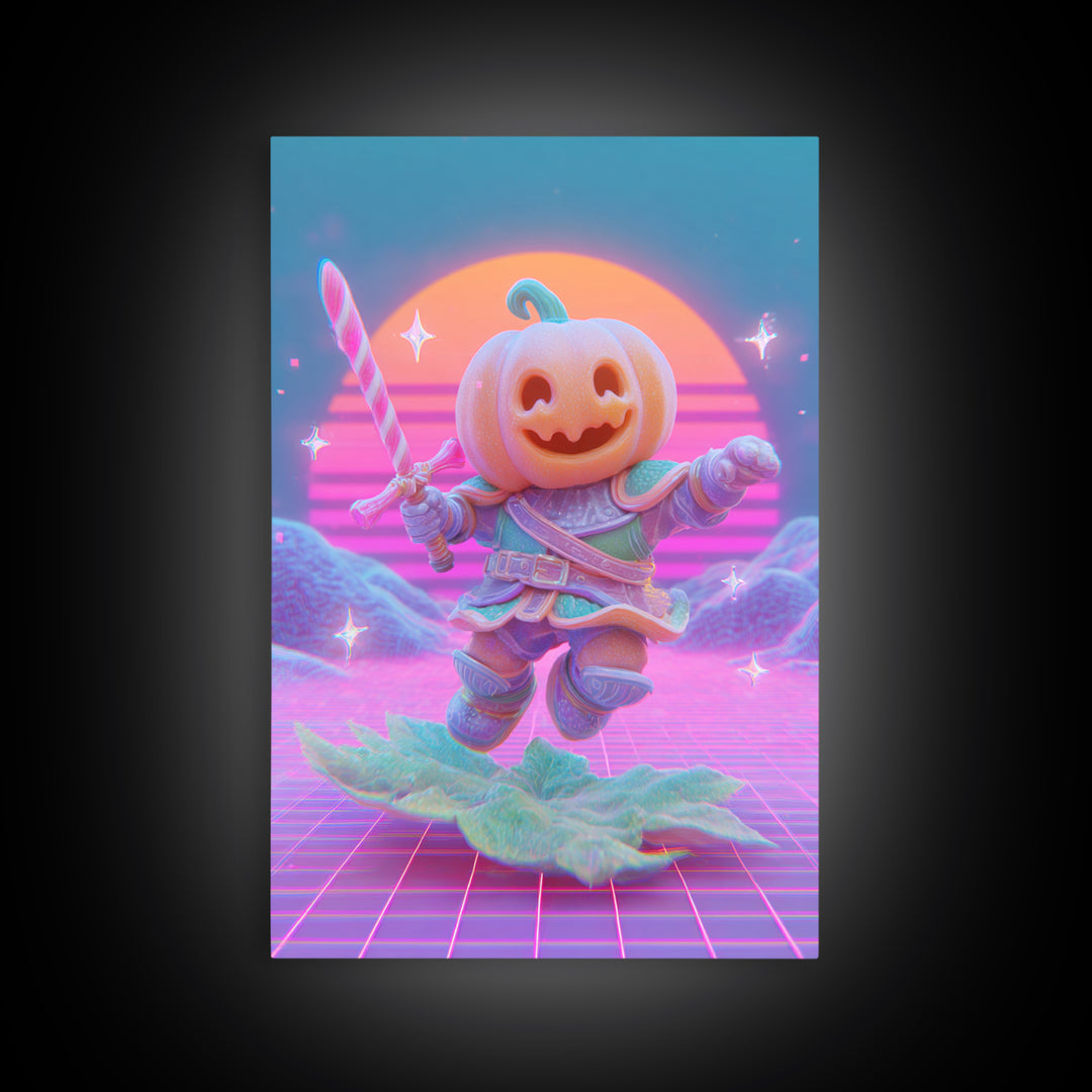 The Pumpkin Knight, 80s Halloween Wall Art, Vertical Wall Art, Framed Canvas Print, Retro Halloween Decor, Neon Wall Art, Horror Wall Art