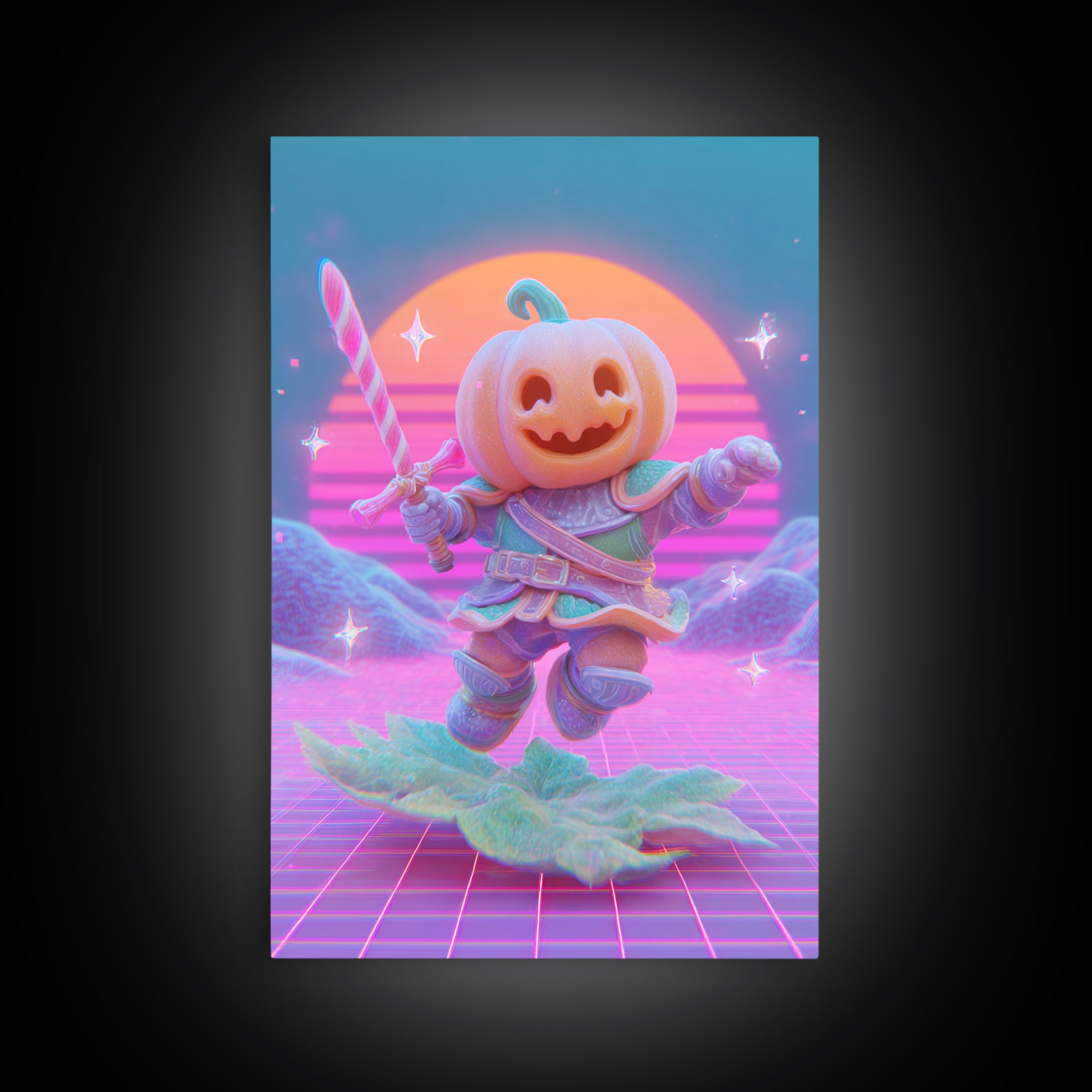 The Pumpkin Knight, 80s Halloween Wall Art, Vertical Wall Art, Framed Canvas Print, Retro Halloween Decor, Neon Wall Art, Horror Wall Art