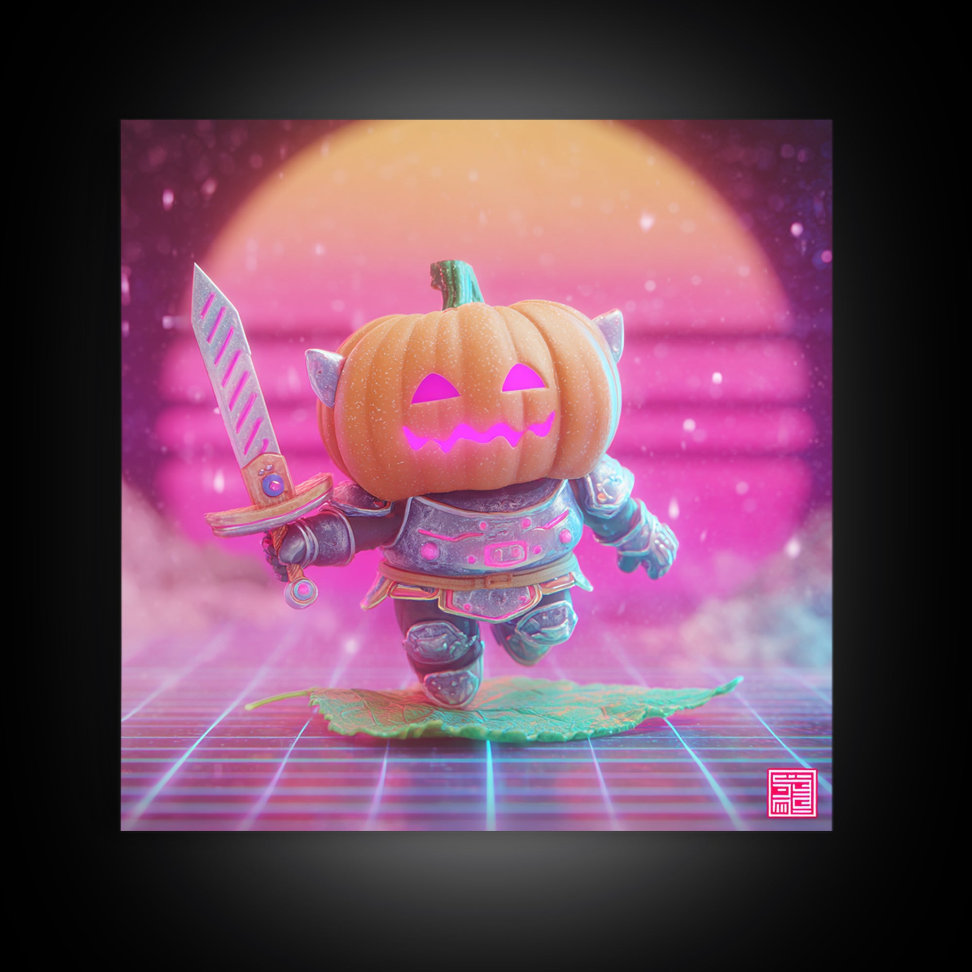 The Pumpkin Knight, Synthwave Halloween Art, Square Wall Art, Canvas Print, Retro Halloween Decor, Neon Wall Art, Spooky Wall Decor