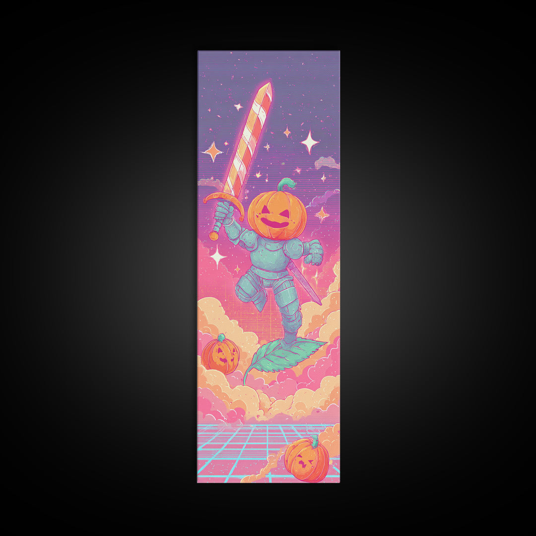 The Pumpkin Knight, Cute Spooky Neon Art, Tall Narrow Wall Art, Canvas Print, Retro Halloween Decor, Neon Wall Art, Dark Fantasy Art