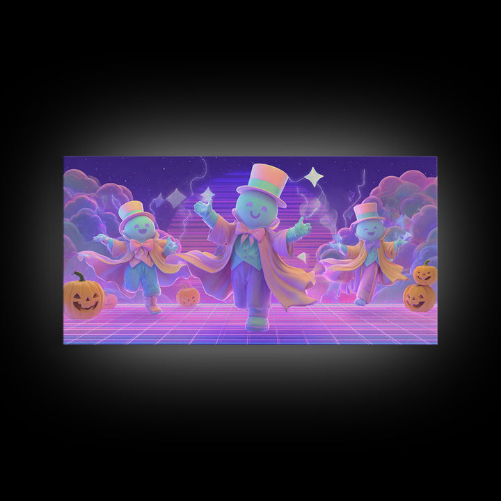 The Star-Cape Magician, Synthwave Halloween Art, Wide Panoramic Art, Framed Canvas Print, Retro Halloween Decor, Neon Wall Art