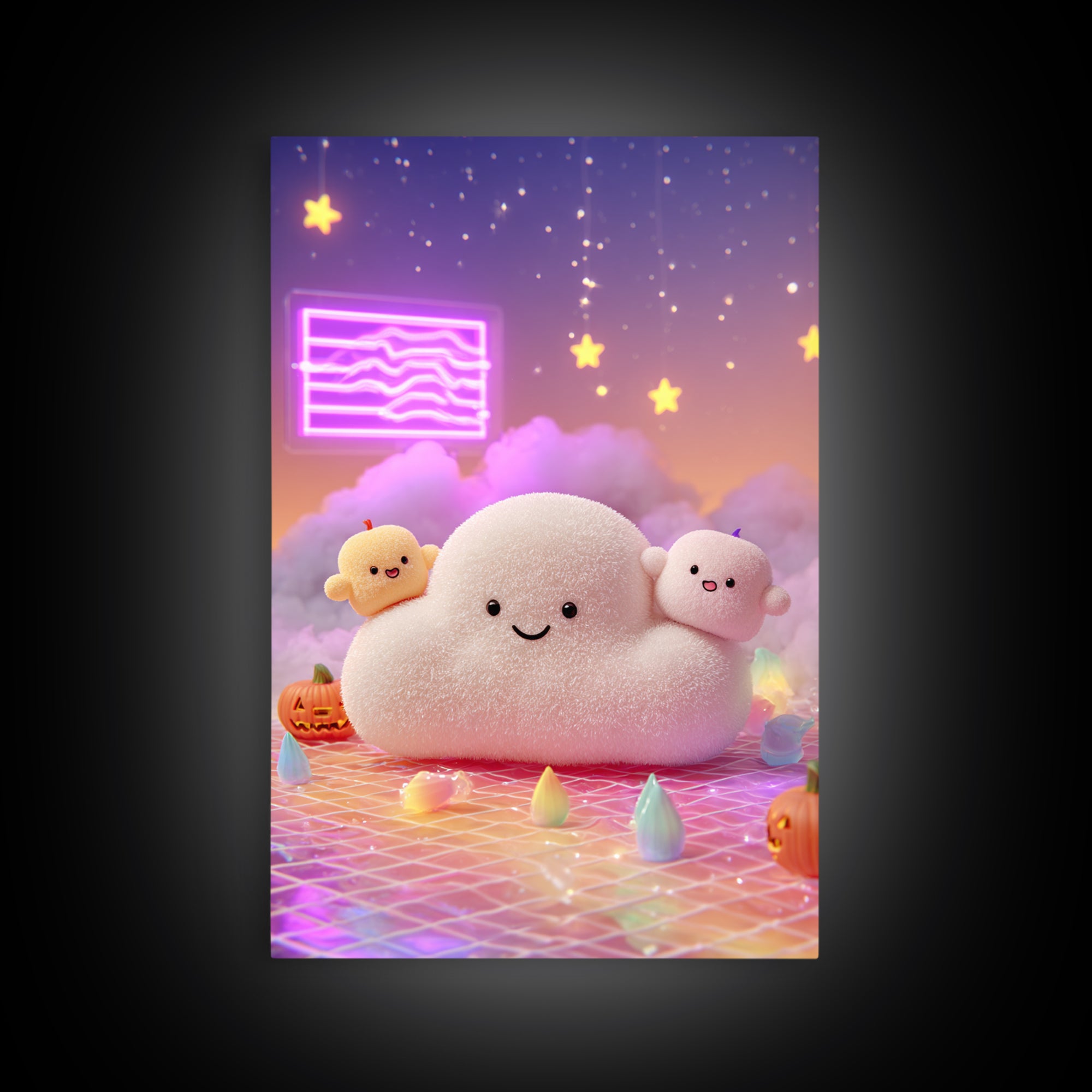 The Cloud Ghost, Retro Neon Halloween Art, Vertical Wall Art, Canvas Print, Retro Halloween Decor, Neon Wall Art, Seasonal Home Decor