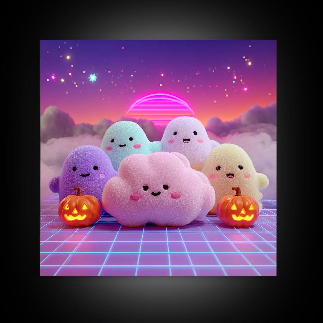 The Cloud Ghost, 80s Halloween Wall Art, Square Wall Art, Canvas Print, Retro Halloween Decor, Neon Wall Art, Collectible Wall Decor