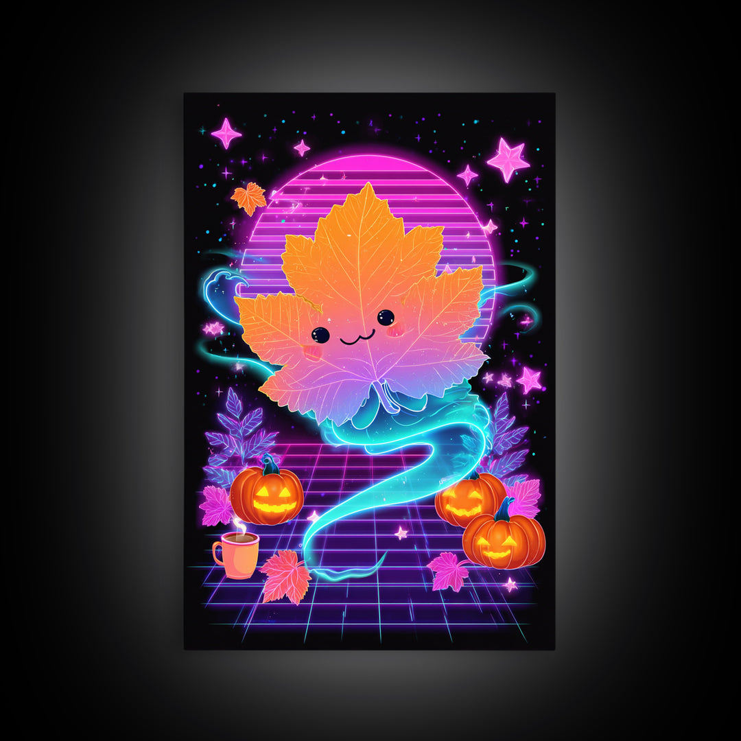The Autumn Leaf Sprite, Retro Neon Halloween Art, Vertical Wall Art, Canvas Print, Retro Halloween Decor, Neon Wall Art, Horror Wall Art
