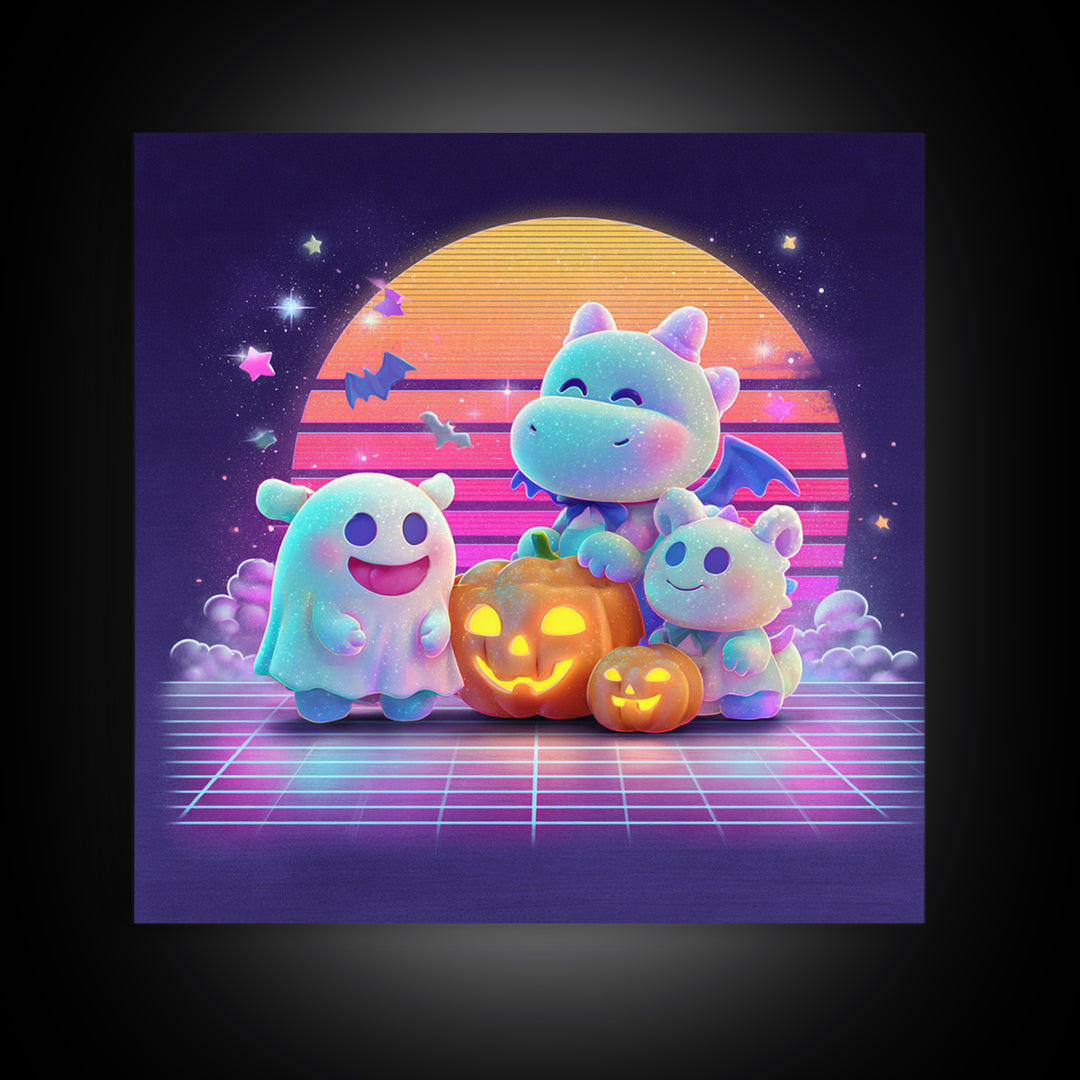 The Sleepy Costume Dragon, Vaporwave Halloween Decor, Square Wall Art, Canvas Print, Retro Halloween Decor, Neon Wall Art