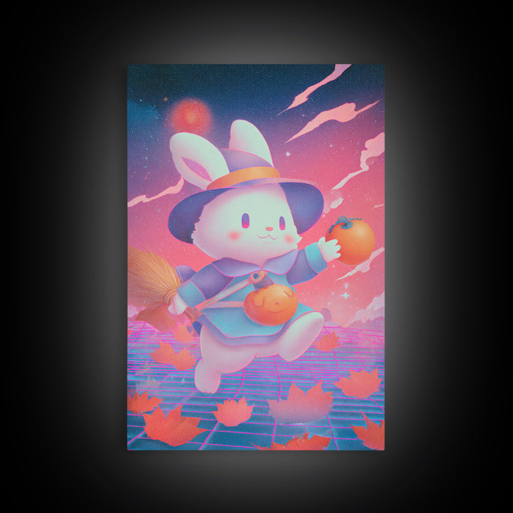 The Bunny Witch, Retro Neon Halloween Art, Vertical Wall Art, Canvas Print, Retro Halloween Decor, Neon Wall Art, Collectible Wall Decor