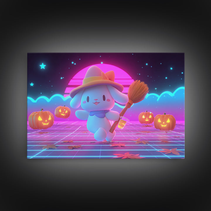 The Bunny Witch, Retro Neon Halloween Art, Landscape Wall Art, Framed Canvas Print, Retro Halloween Decor, Neon Wall Art