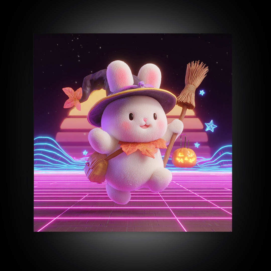 The Bunny Witch, Retro Neon Halloween Art, Square Wall Art, Framed Canvas Print, Retro Halloween Decor, Neon Wall Art