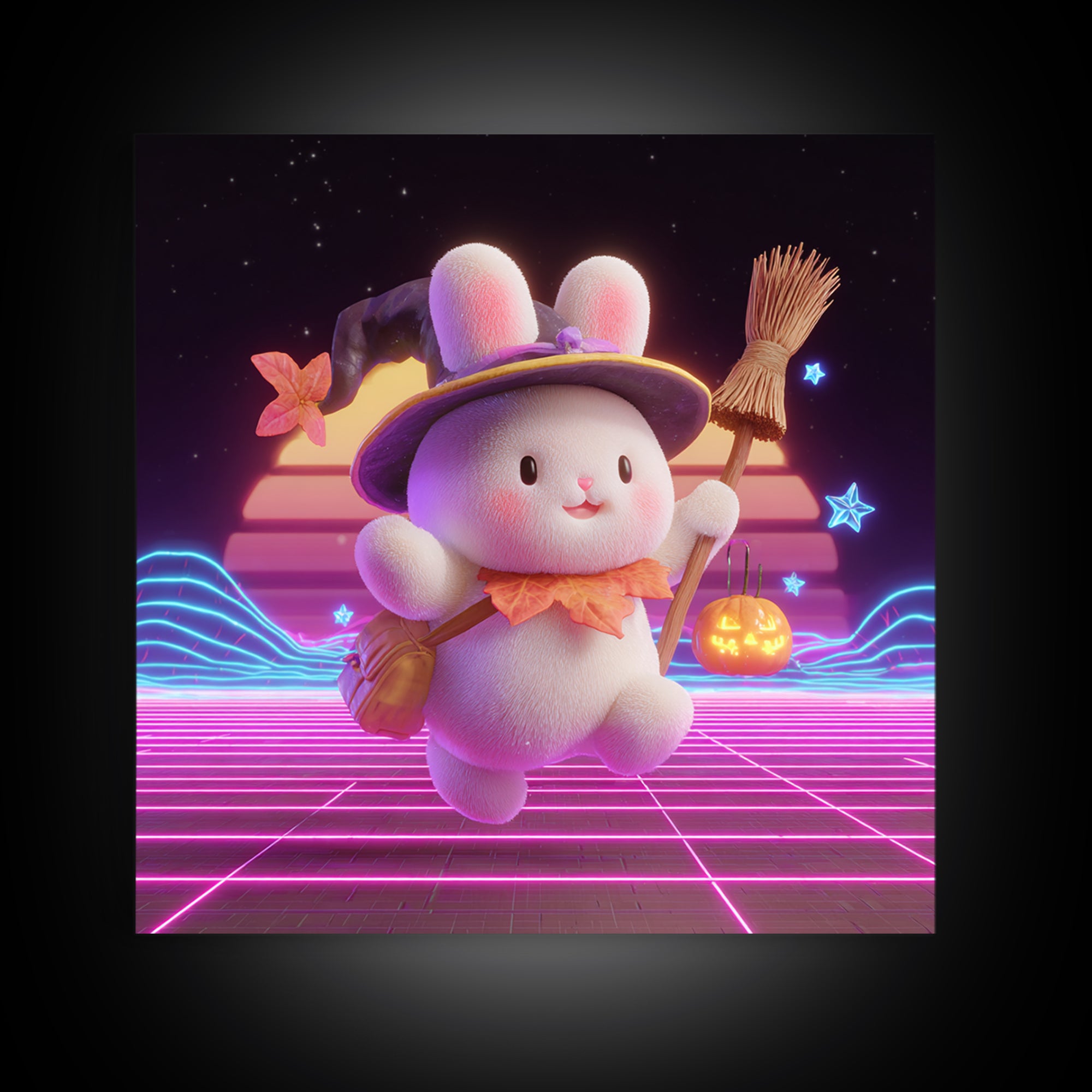 The Bunny Witch, Retro Neon Halloween Art, Square Wall Art, Framed Canvas Print, Retro Halloween Decor, Neon Wall Art