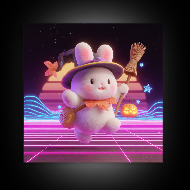 The Bunny Witch, Retro Neon Halloween Art, Square Wall Art, Framed Canvas Print, Retro Halloween Decor, Neon Wall Art