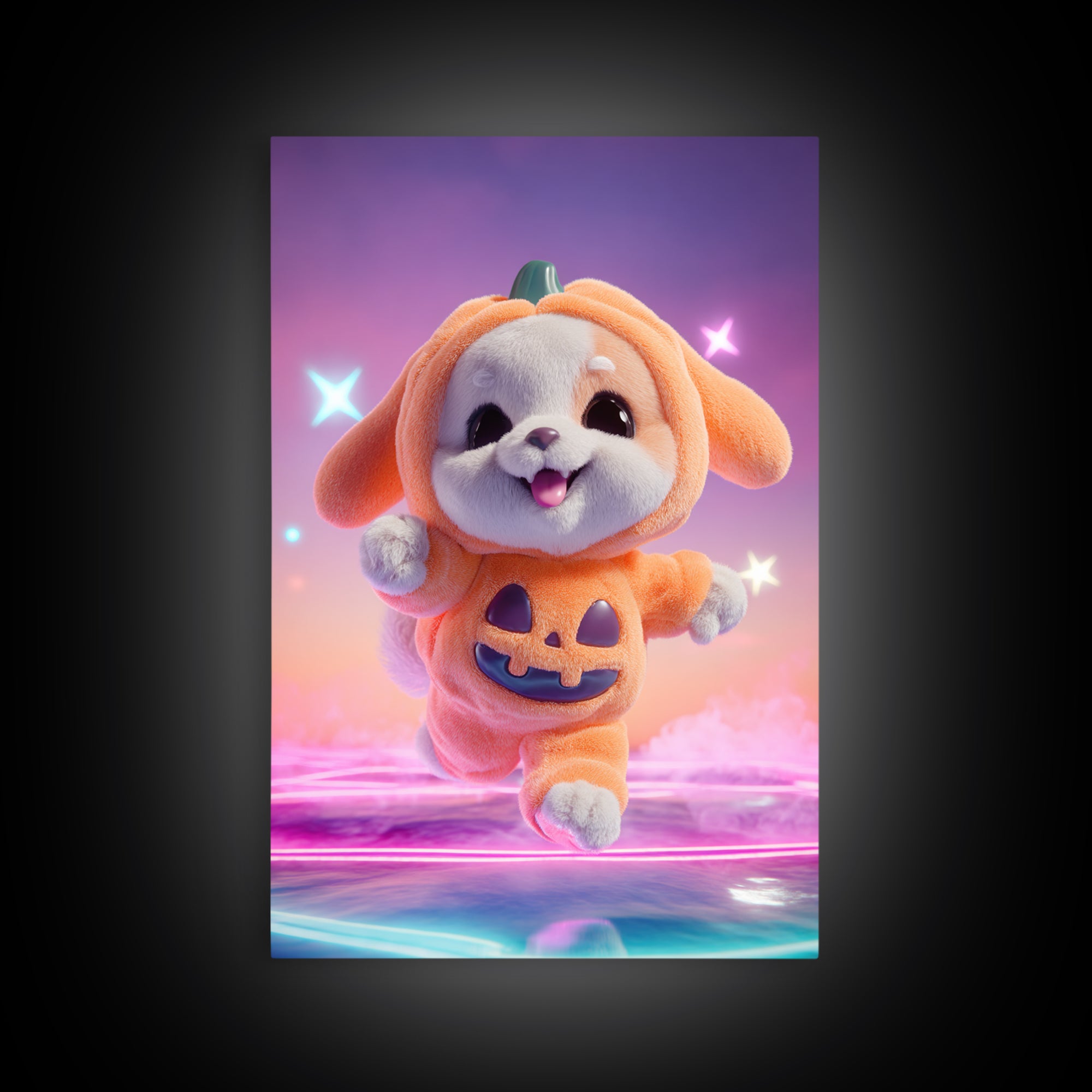 The Pumpkin Puppy, 80s Halloween Wall Art, Vertical Wall Art, Framed Canvas Print, Retro Halloween Decor, Neon Wall Art, Dark Fantasy Art