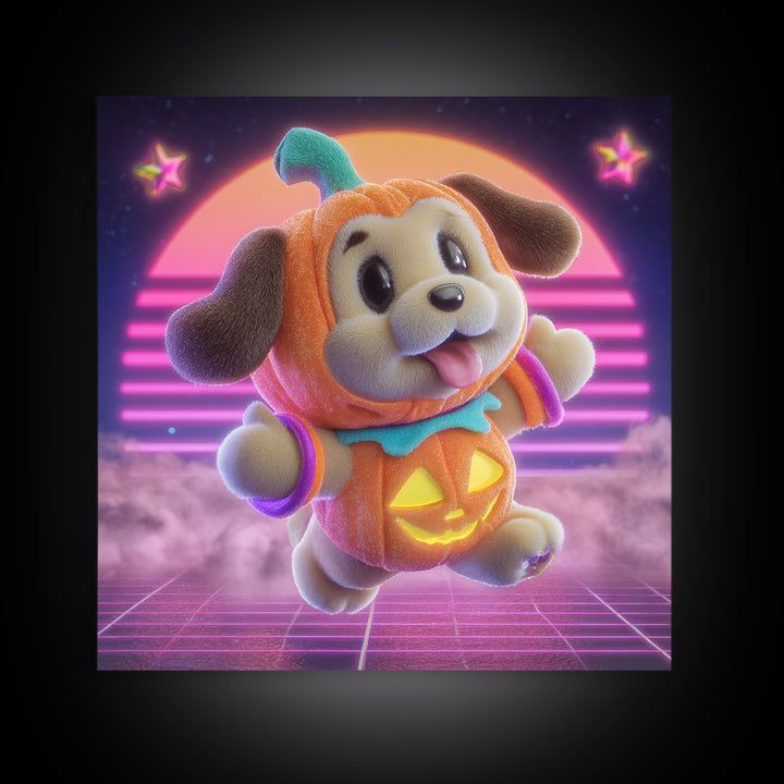 The Pumpkin Puppy, 80s Halloween Wall Art, Square Wall Art, Canvas Print, Retro Halloween Decor, Neon Wall Art, Collectible Wall Decor