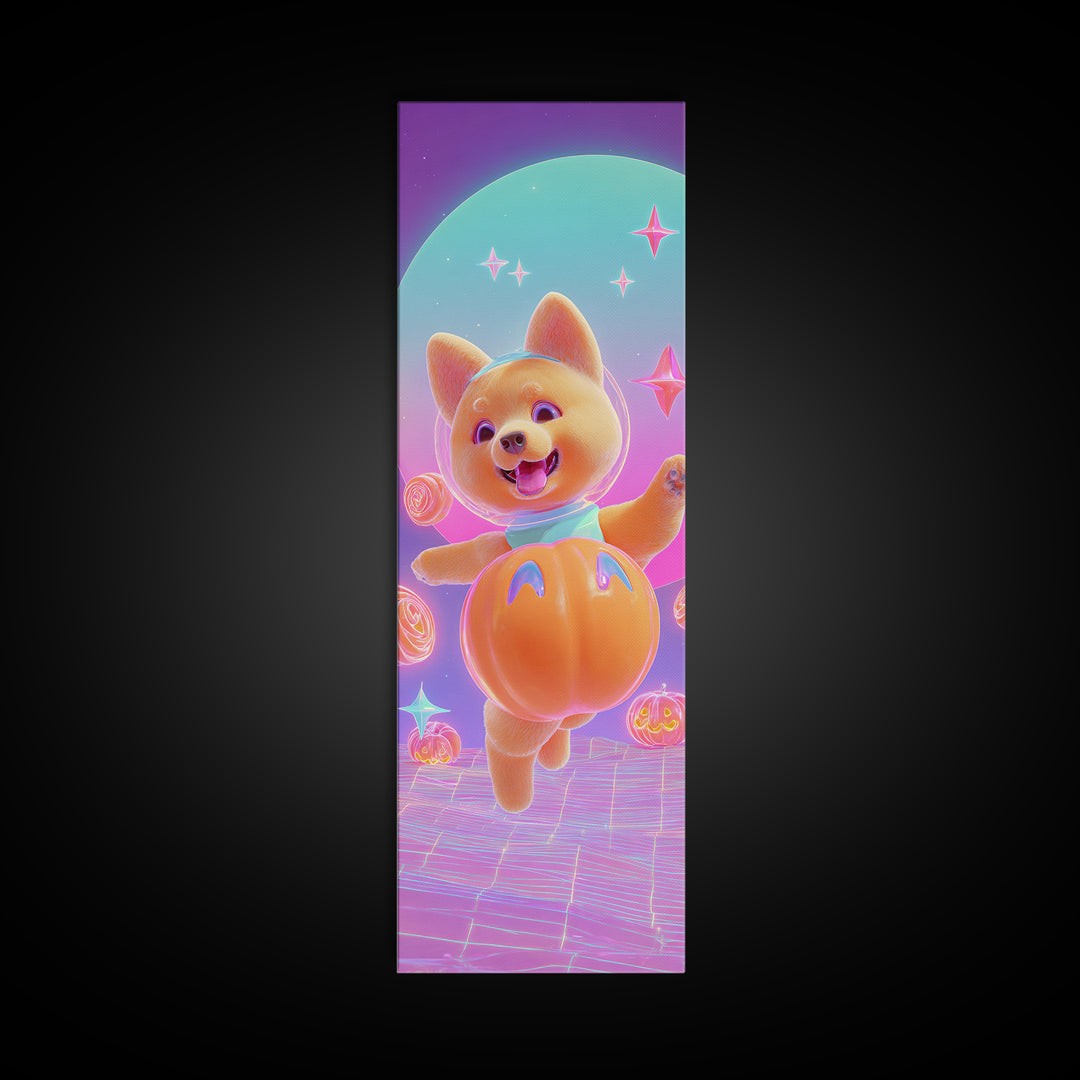 The Pumpkin Puppy, Retro Neon Halloween Art, Tall Narrow Wall Art, Canvas Print, Retro Halloween Decor, Neon Wall Art