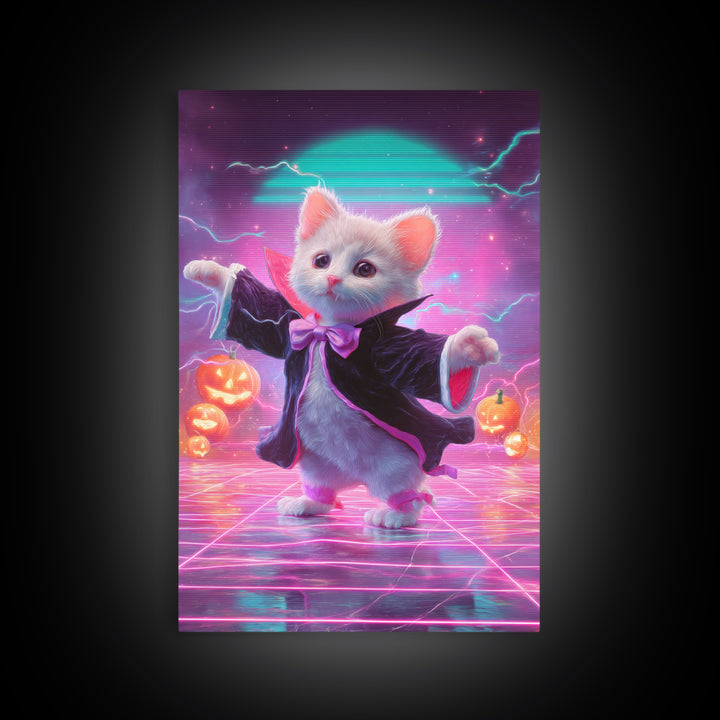 The Kitten Vampire, Cute Spooky Neon Art, Vertical Wall Art, Canvas Print, Retro Halloween Decor, Neon Wall Art, Horror Wall Art