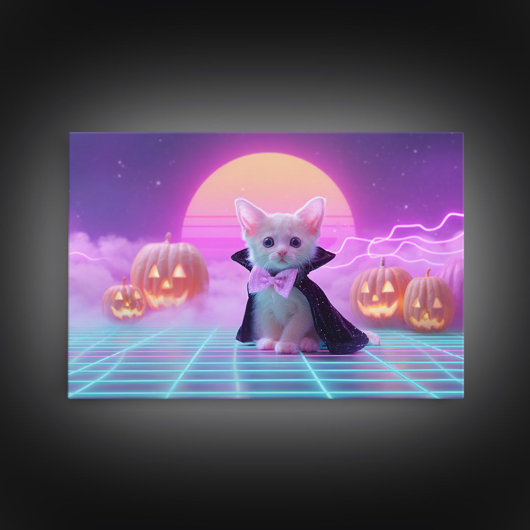 The Kitten Vampire, 80s Halloween Wall Art, Landscape Wall Art, Framed Canvas Print, Retro Halloween Decor, Neon Wall Art, Horror Wall Art