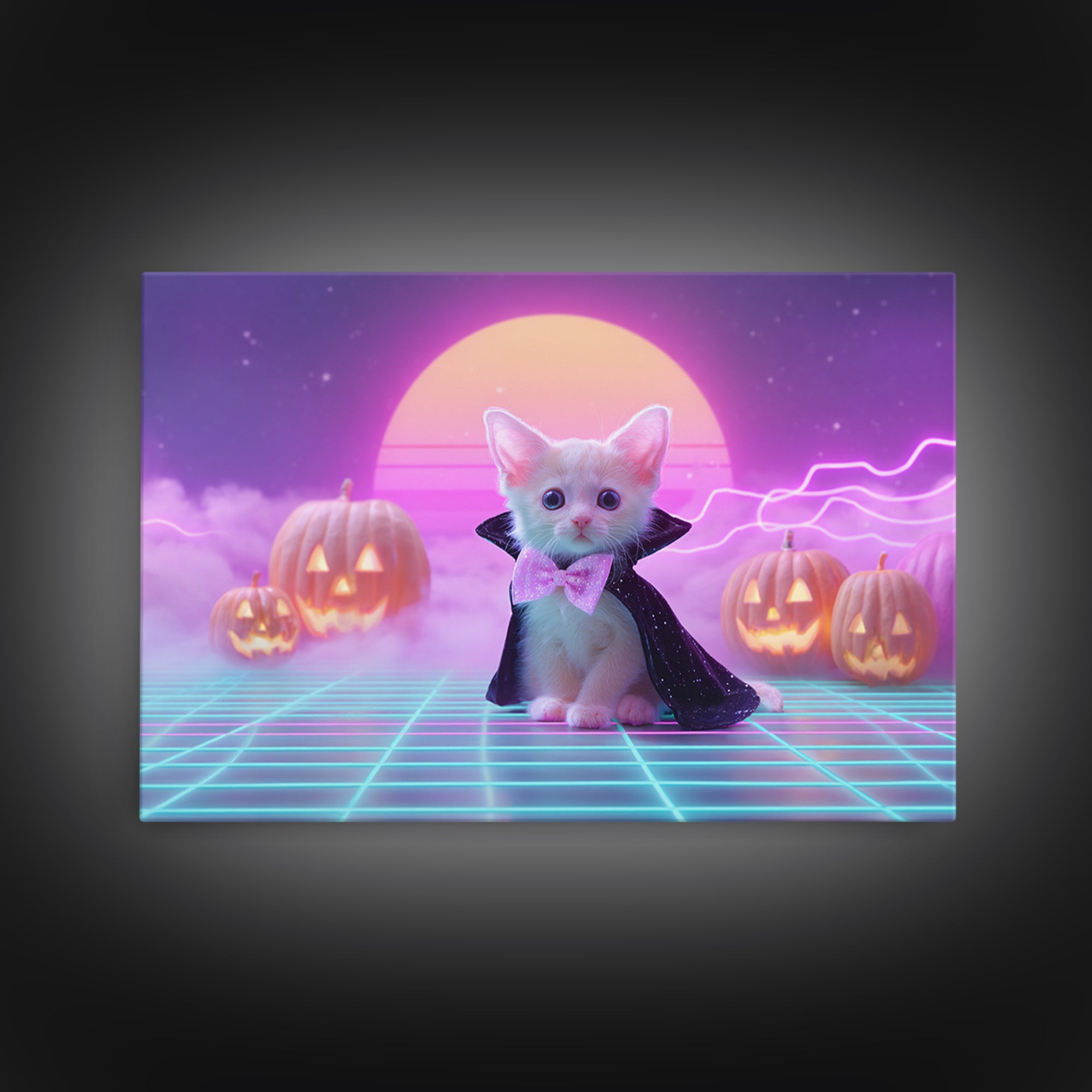 The Kitten Vampire, 80s Halloween Wall Art, Landscape Wall Art, Framed Canvas Print, Retro Halloween Decor, Neon Wall Art, Horror Wall Art
