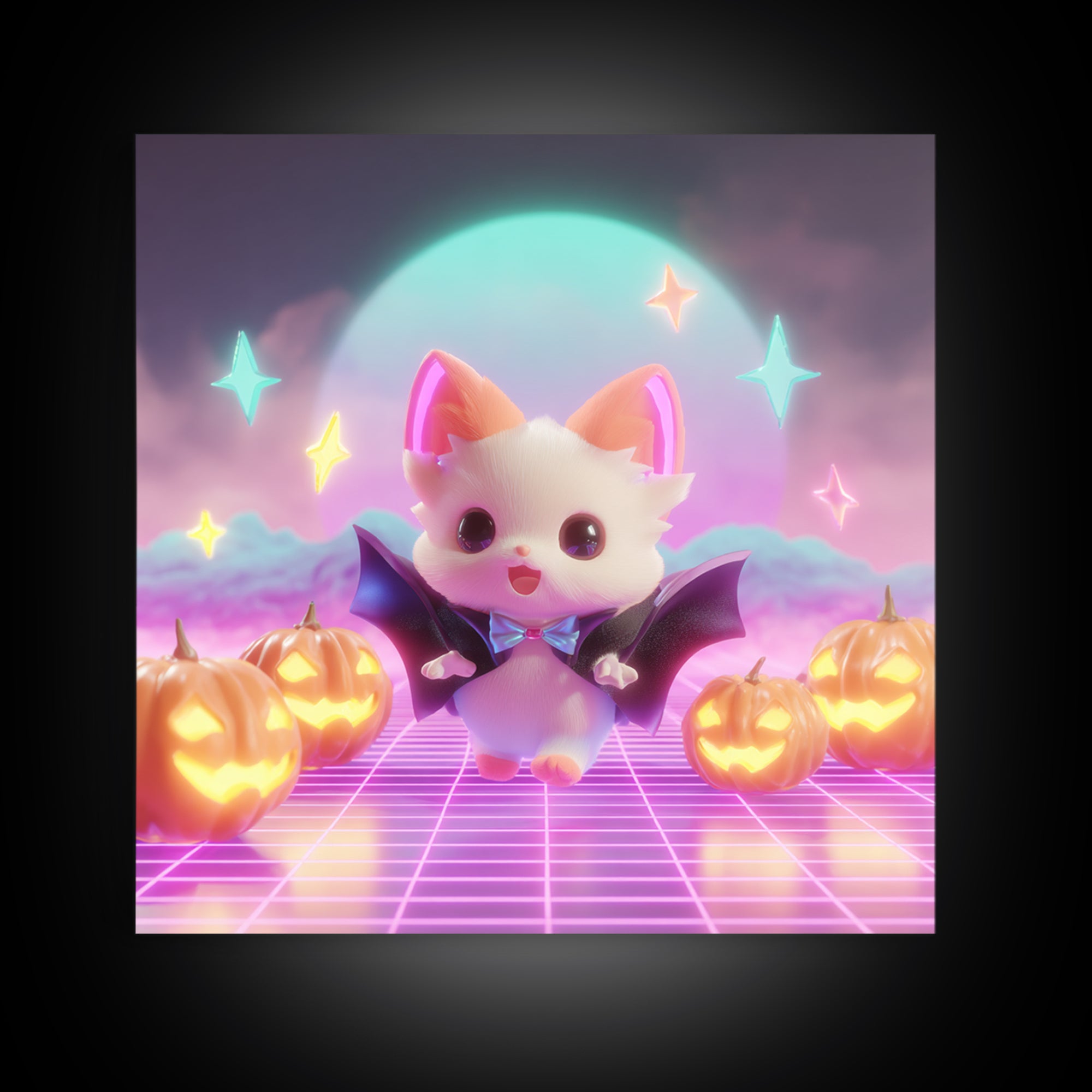The Kitten Vampire, Vaporwave Halloween Decor, Square Wall Art, Canvas Print, Retro Halloween Decor, Neon Wall Art, Collectible Wall Decor