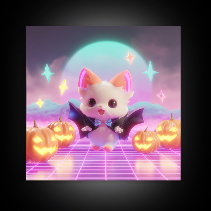 The Kitten Vampire, Vaporwave Halloween Decor, Square Wall Art, Canvas Print, Retro Halloween Decor, Neon Wall Art, Collectible Wall Decor