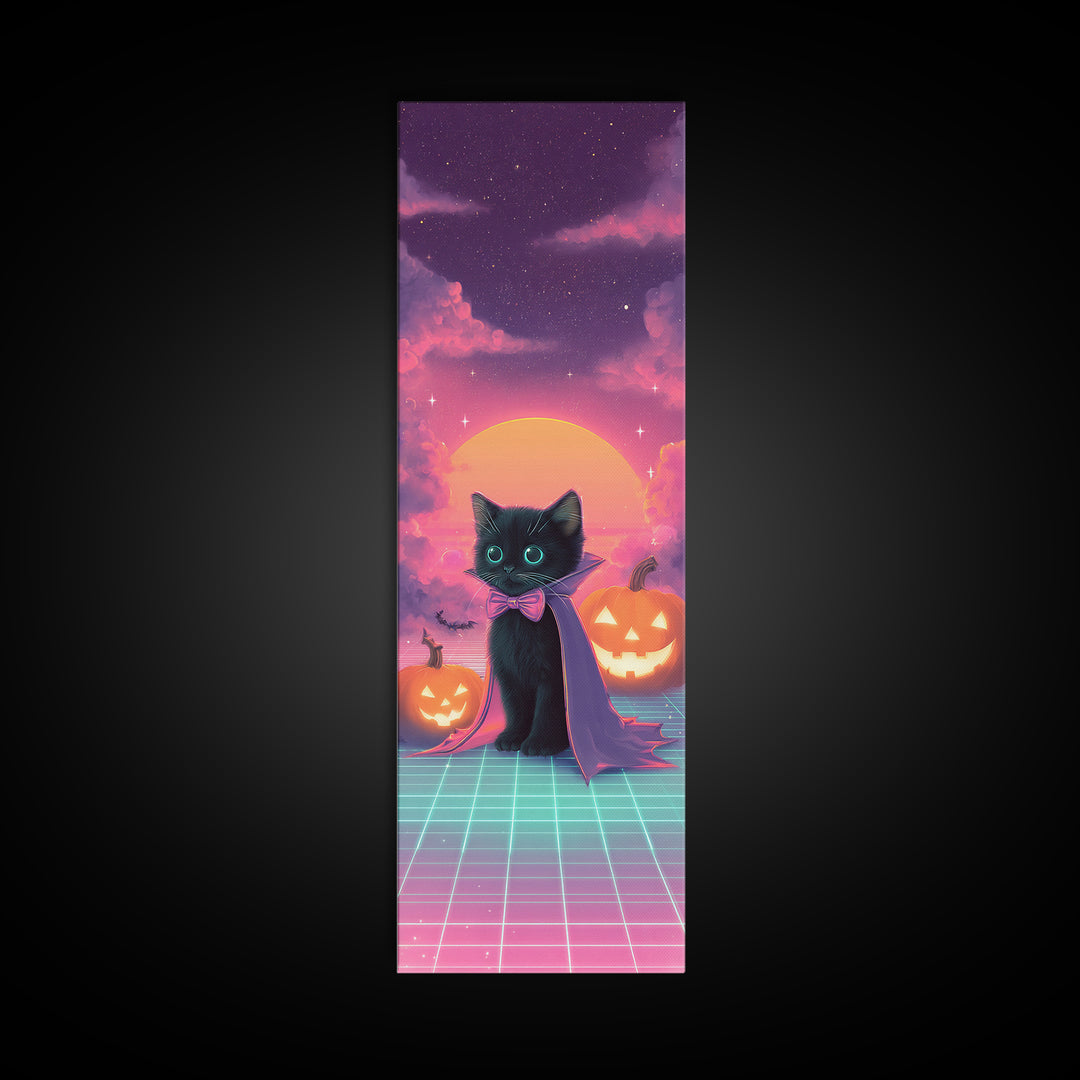 The Kitten Vampire, 80s Halloween Wall Art, Tall Narrow Wall Art, Framed Canvas Print, Retro Halloween Decor, Neon Wall Art