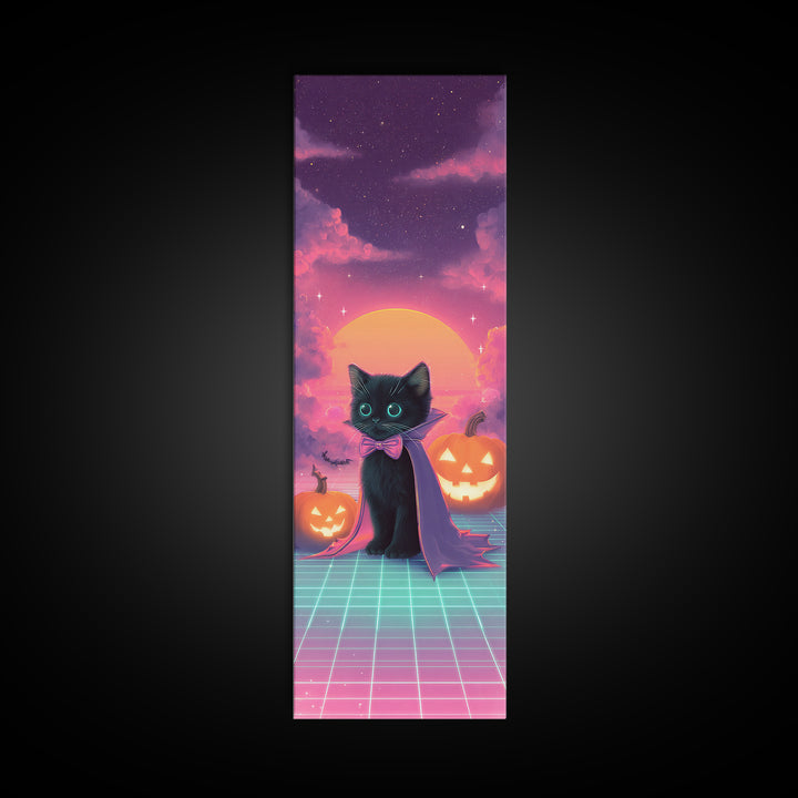 The Kitten Vampire, 80s Halloween Wall Art, Tall Narrow Wall Art, Framed Canvas Print, Retro Halloween Decor, Neon Wall Art