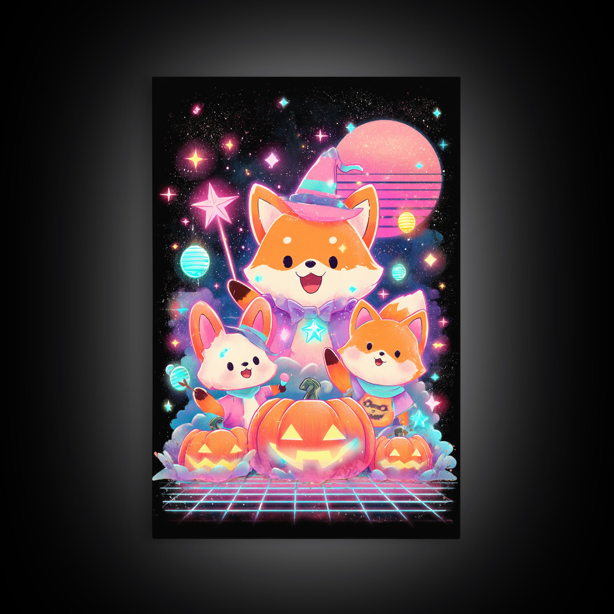 The Fox Wizard, Cute Spooky Neon Art, Vertical Wall Art, Framed Canvas Print, Retro Halloween Decor, Neon Wall Art, Horror Wall Art