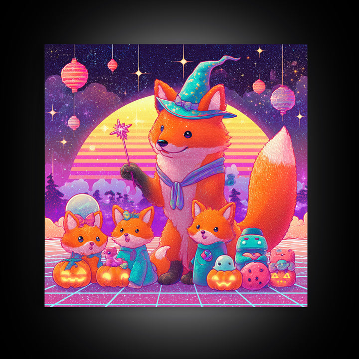 The Fox Wizard, 80s Halloween Wall Art, Square Wall Art, Framed Canvas Print, Retro Halloween Decor, Neon Wall Art, Gothic Home Decor