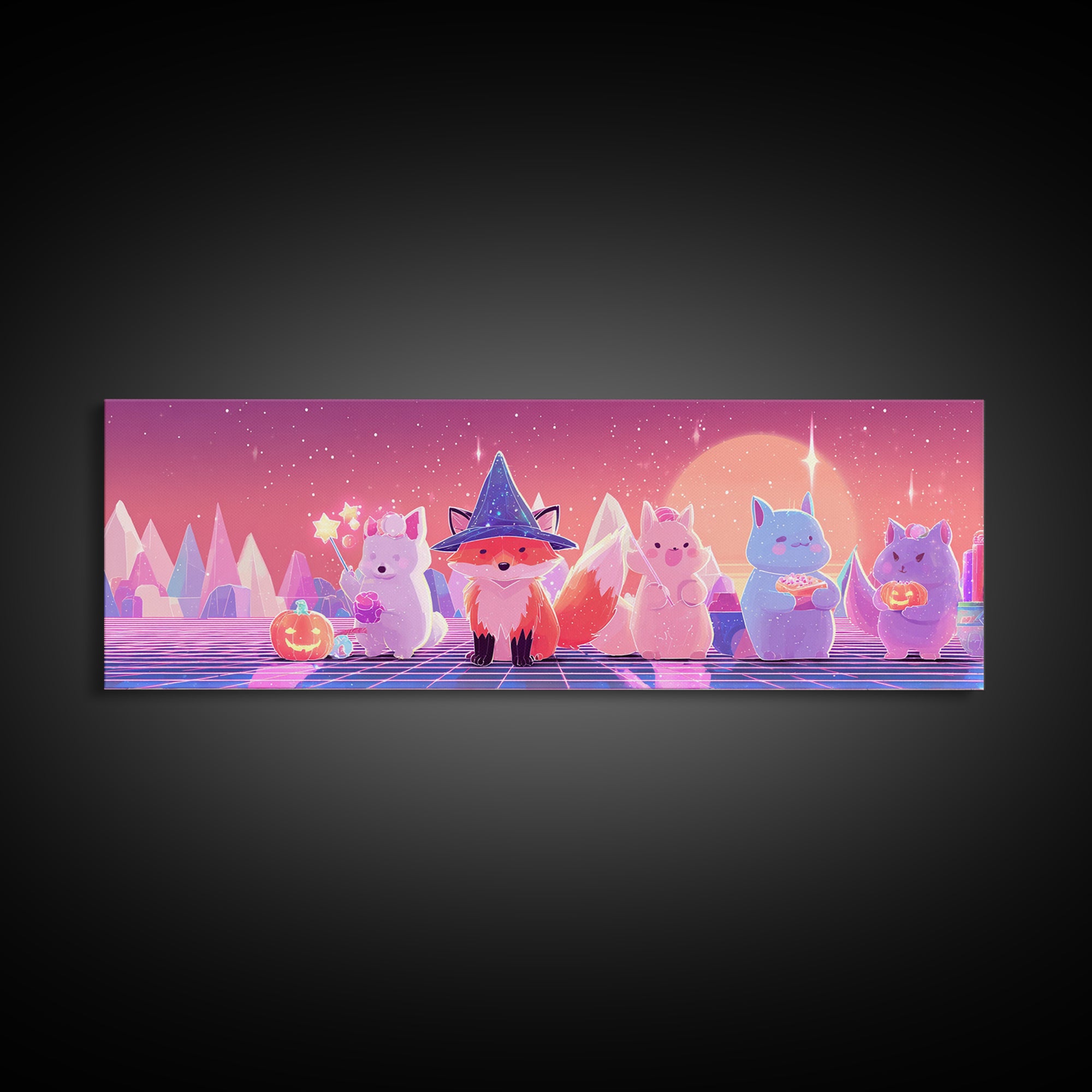The Fox Wizard, Synthwave Halloween Art, Extra Wide Wall Art, Framed Canvas Print, Retro Halloween Decor, Neon Wall Art, Gothic Home Decor
