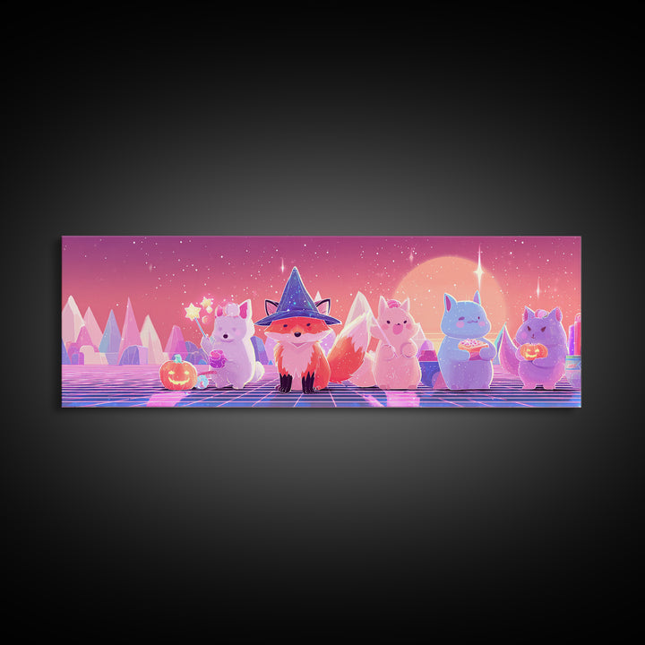 The Fox Wizard, Synthwave Halloween Art, Extra Wide Wall Art, Framed Canvas Print, Retro Halloween Decor, Neon Wall Art, Gothic Home Decor