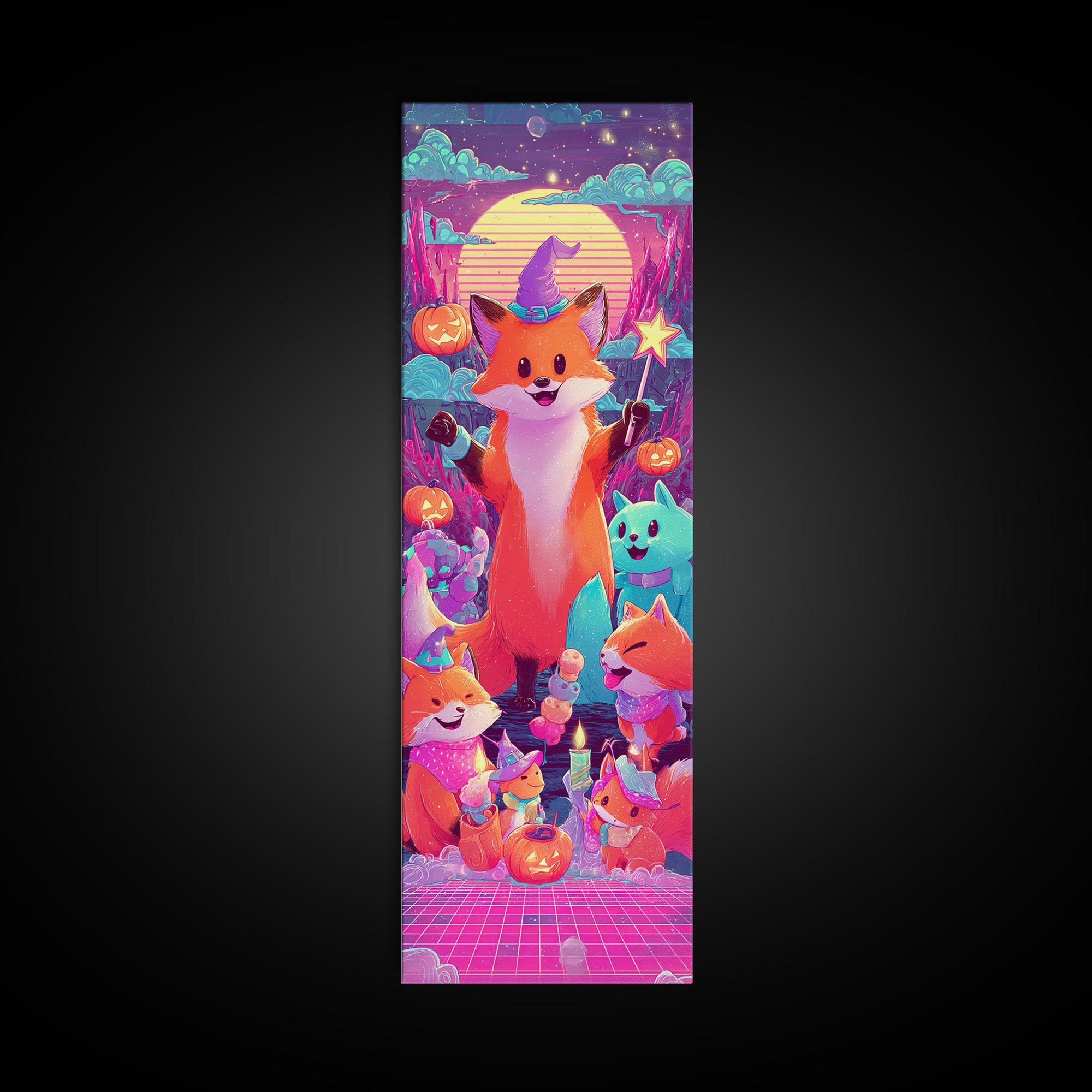 The Fox Wizard, 80s Halloween Wall Art, Tall Narrow Wall Art, Canvas Print, Retro Halloween Decor, Neon Wall Art, Dark Fantasy Art