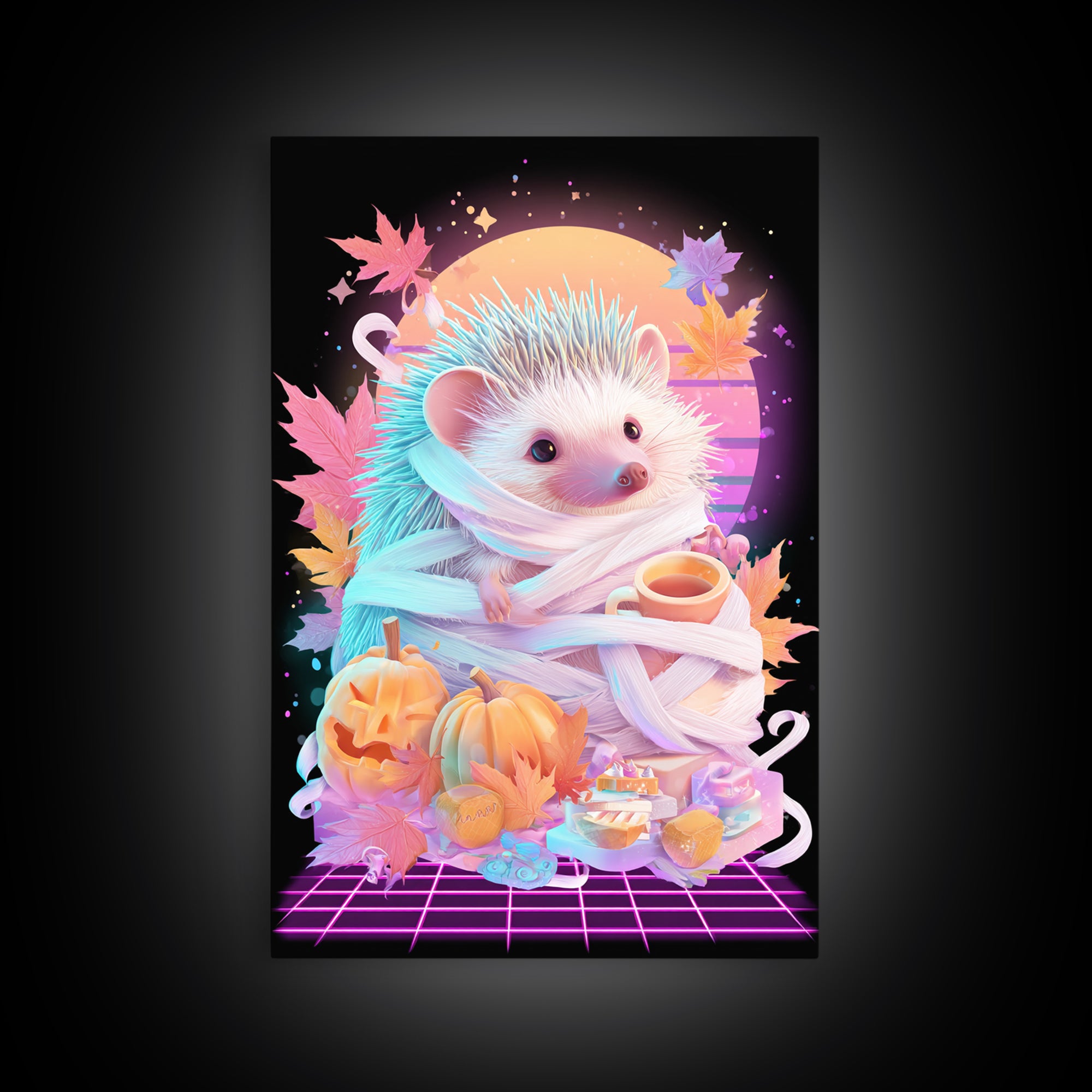 The Hedgehog Mummy, Retro Neon Halloween Art, Vertical Wall Art, Canvas Print, Retro Halloween Decor, Neon Wall Art, Macabre Wall Art