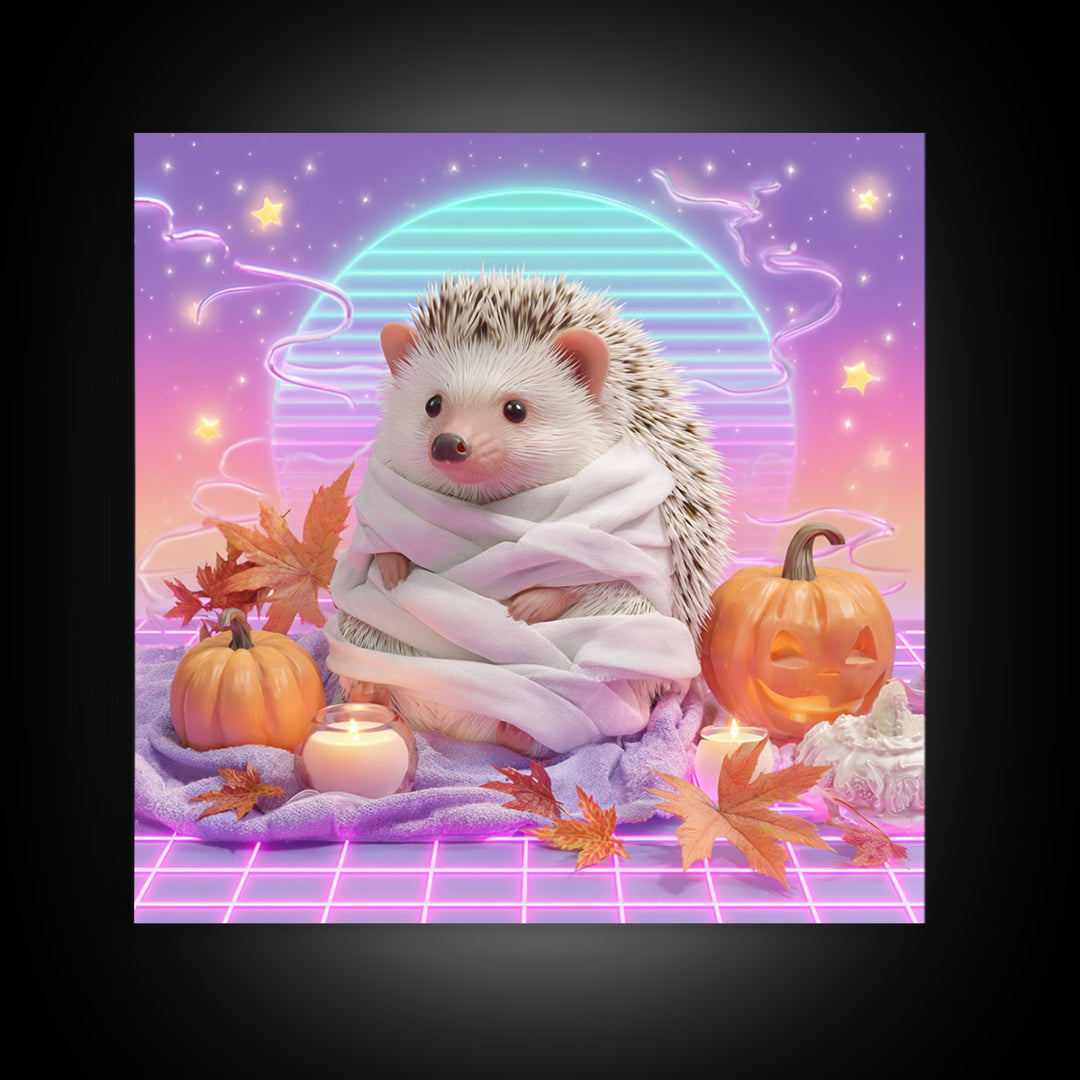 The Hedgehog Mummy, Retro Neon Halloween Art, Square Wall Art, Framed Canvas Print, Retro Halloween Decor, Neon Wall Art