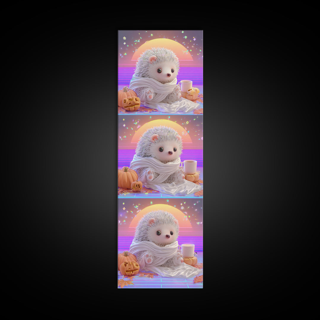 The Hedgehog Mummy, 80s Halloween Wall Art, Tall Narrow Wall Art, Framed Canvas Print, Retro Halloween Decor, Neon Wall Art