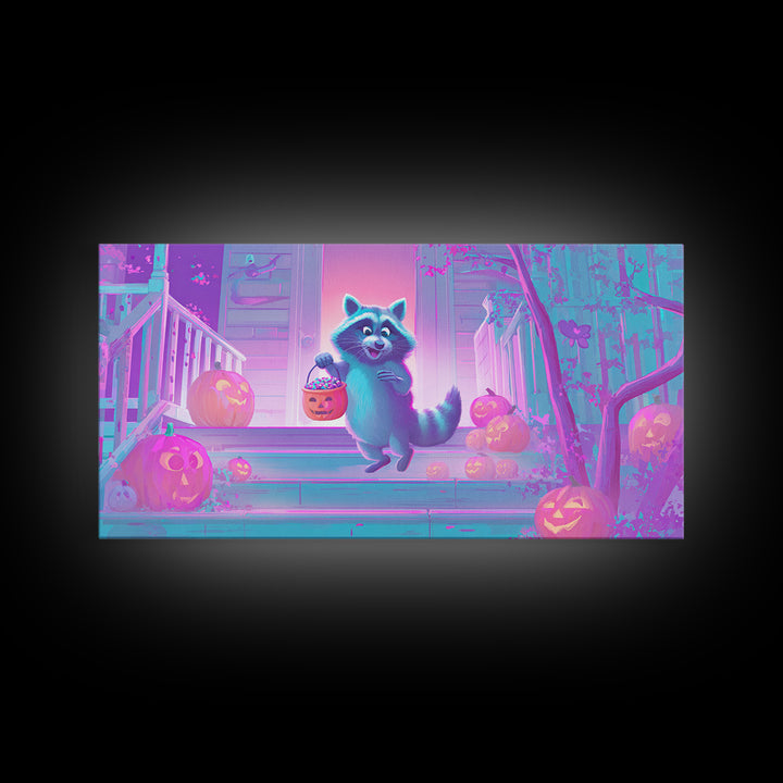 The Raccoon Trick-Or-Treater, Cute Spooky Neon Art, Wide Panoramic Art, Canvas Print, Retro Halloween Decor, Neon Wall Art