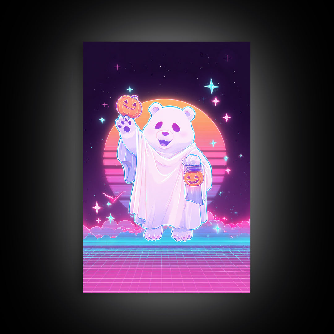 The Bear Cub Ghost, Vaporwave Halloween Decor, Vertical Wall Art, Framed Canvas Print, Retro Halloween Decor, Neon Wall Art, Horror Wall Art