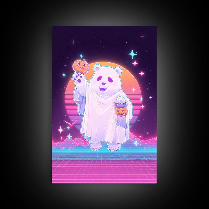 The Bear Cub Ghost, Vaporwave Halloween Decor, Vertical Wall Art, Framed Canvas Print, Retro Halloween Decor, Neon Wall Art, Horror Wall Art