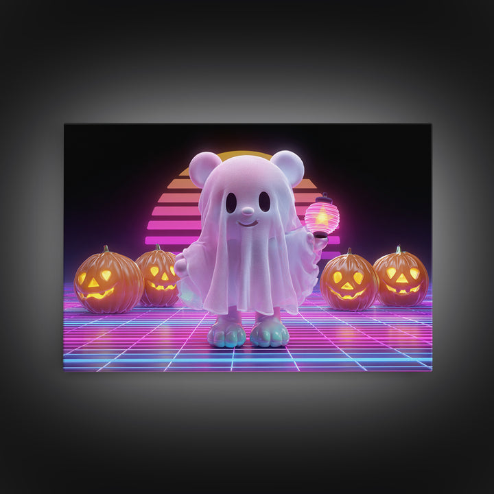 The Bear Cub Ghost, 80s Halloween Wall Art, Landscape Wall Art, Framed Canvas Print, Retro Halloween Decor, Neon Wall Art