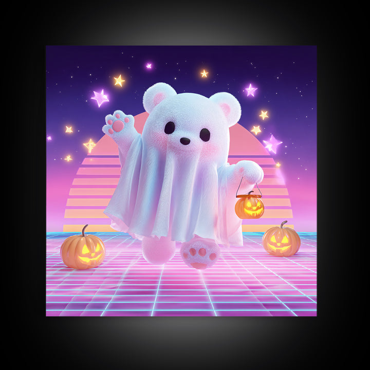The Bear Cub Ghost, 80s Halloween Wall Art, Square Wall Art, Framed Canvas Print, Retro Halloween Decor, Neon Wall Art