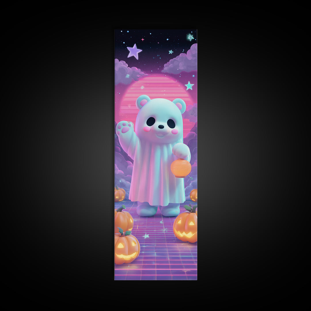The Bear Cub Ghost, 80s Halloween Wall Art, Tall Narrow Wall Art, Canvas Print, Retro Halloween Decor, Neon Wall Art, Seasonal Home Decor