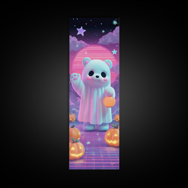 The Bear Cub Ghost, 80s Halloween Wall Art, Tall Narrow Wall Art, Canvas Print, Retro Halloween Decor, Neon Wall Art, Seasonal Home Decor