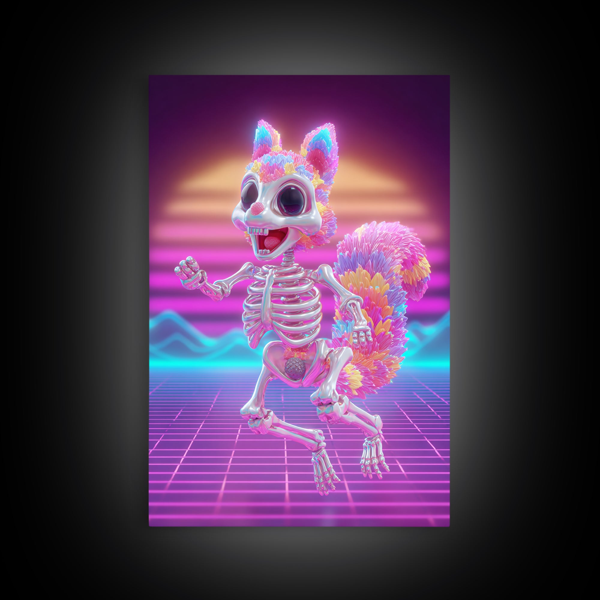 The Squirrel Skeleton, Vaporwave Halloween Decor, Vertical Wall Art, Canvas Print, Retro Halloween Decor, Neon Wall Art