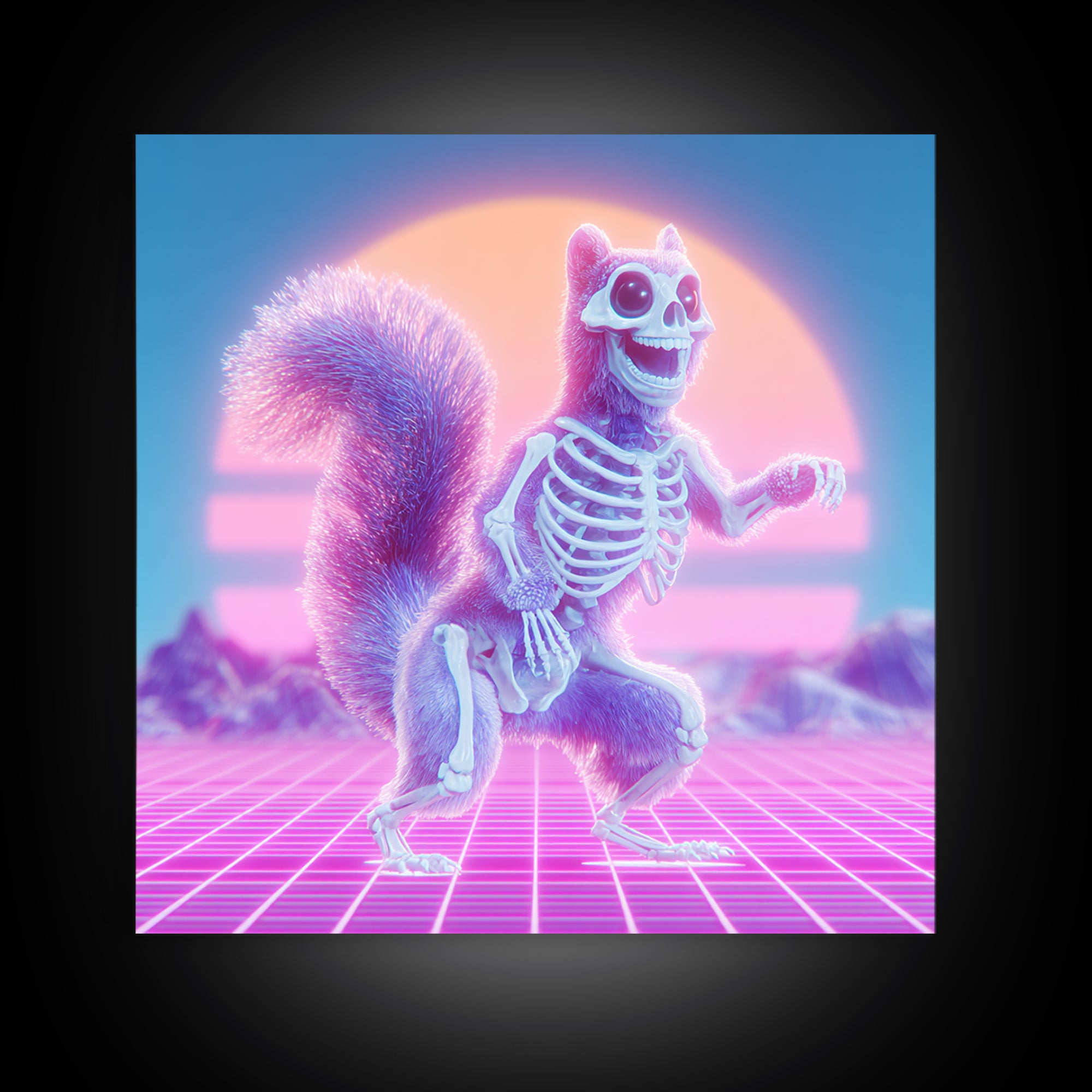 The Squirrel Skeleton, Cute Spooky Neon Art, Square Wall Art, Canvas Print, Retro Halloween Decor, Neon Wall Art, Spooky Wall Decor