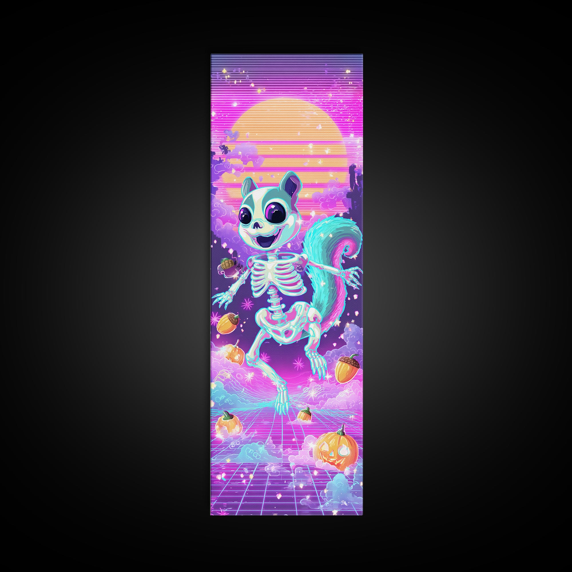 The Squirrel Skeleton, Synthwave Halloween Art, Tall Narrow Wall Art, Framed Canvas Print, Retro Halloween Decor, Neon Wall Art