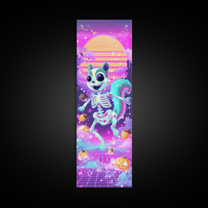 The Squirrel Skeleton, Synthwave Halloween Art, Tall Narrow Wall Art, Framed Canvas Print, Retro Halloween Decor, Neon Wall Art